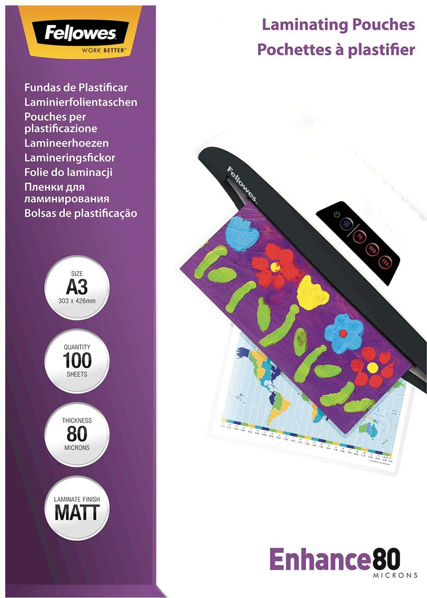 Fellowes lamineerhoes Enhance80 ft A3, 160 micron (2 x 80 micron), pak van 100 stuks, mat Fellowes lamineerhoes Enhance80 ft A3, 160 micron (2 x 80 micron), pak van 100 stuks, mat