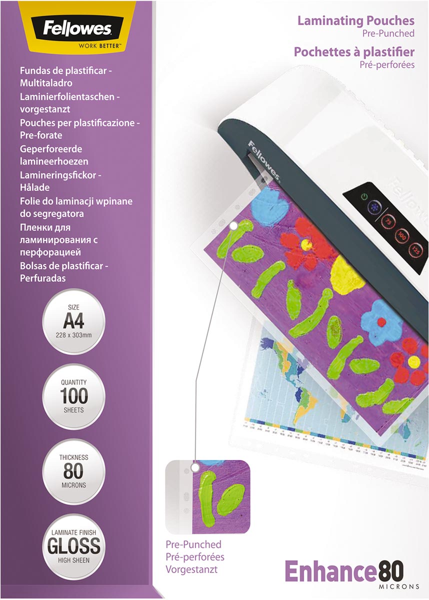 Fellowes lamineerhoes Enhance80 voorgeponst ft 228 x 303 mm, 160 micron (2 x 80 micron), pak van 100 Fellowes lamineerhoes Enhance80 voorgeponst ft 228 x 303 mm, 160 micron (2 x 80 micron), pak van 100