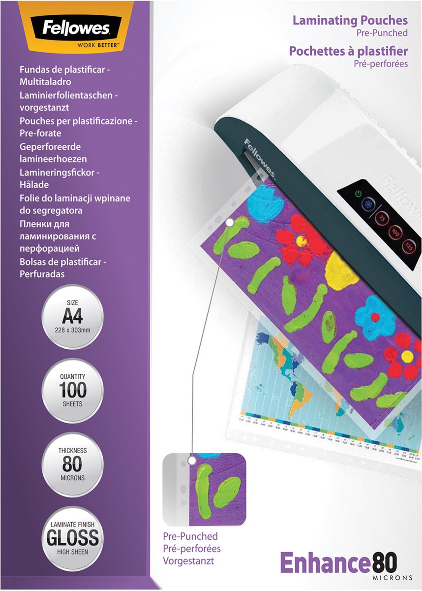 Fellowes lamineerhoes Enhance80 geperforeerd ft228 x 303 mm, 160 micron (2 x 80 micron), pak van 100 stuk afbeelding
