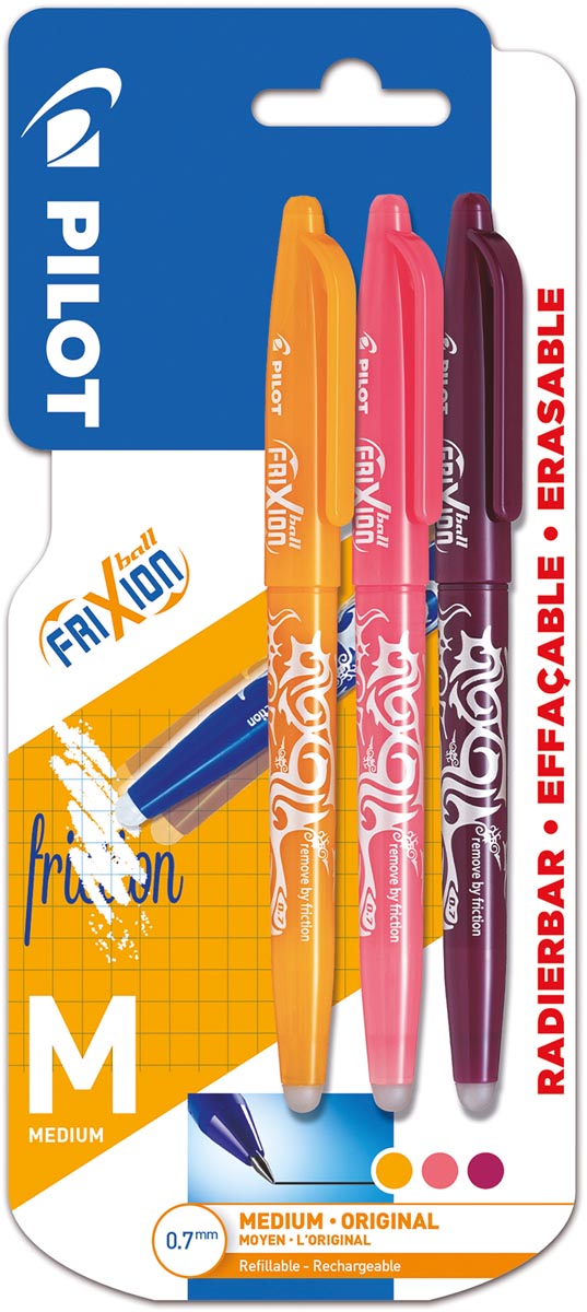 Pilot gelroller Frixion Ball, blister met 3 stuks in geassorteerde kleuren