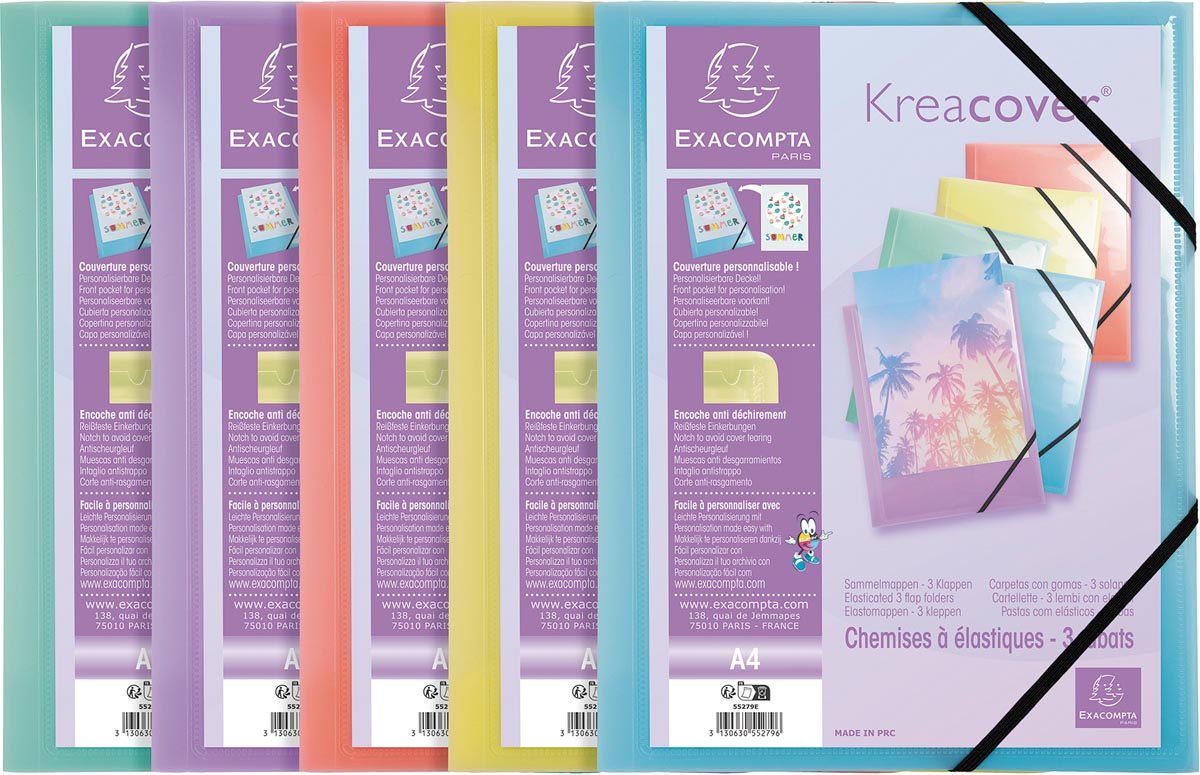 Exacompta elastomap Kreacover A4, uit PP, 3 kleppen en elastiek, geassorteerde pastelkleuren Exacompta elastomap Kreacover A4, uit PP, 3 kleppen en elastiek, geassorteerde pastelkleuren