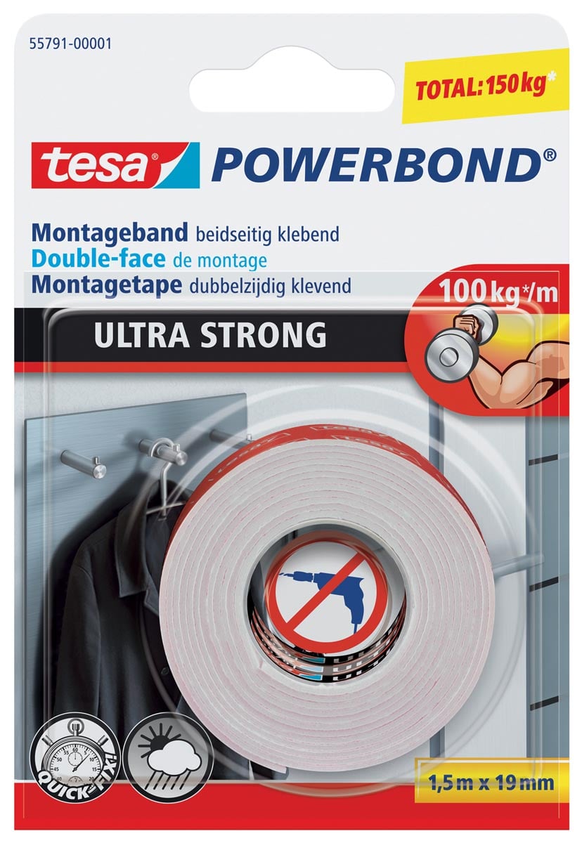 Tesa Powerbond montagetape Ultra Strong, dubbelzijdig ft 19 mm x 1,5 m, wit, op blister afbeelding