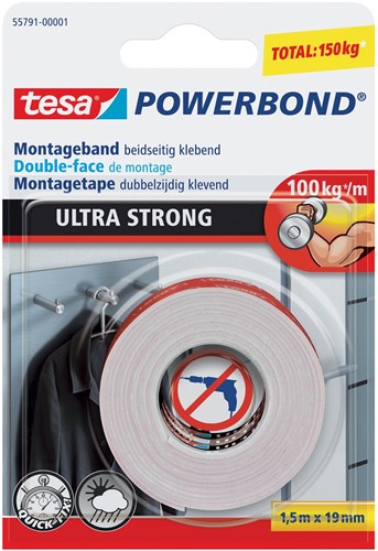 Tesa Powerbond montagetape Ultra Strong, dubbelzijdig ft 19 mm x 1,5 m, wit, op blister