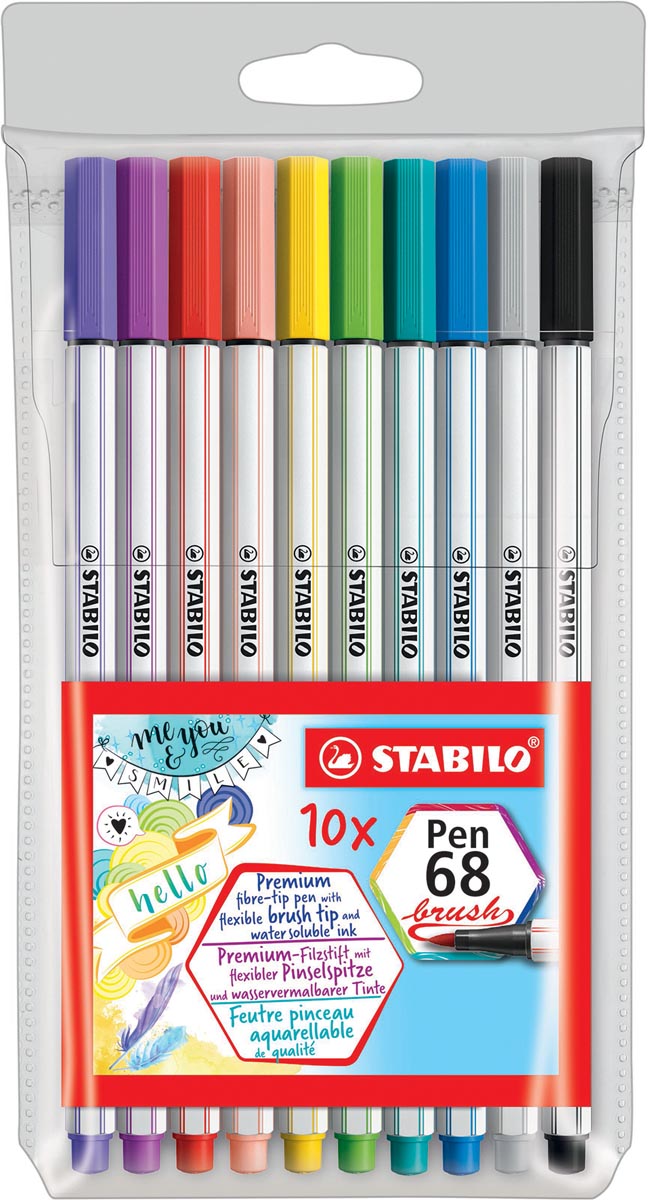STABILO Pen 68 brush, etui van 10 stuks in geassorteerde kleuren