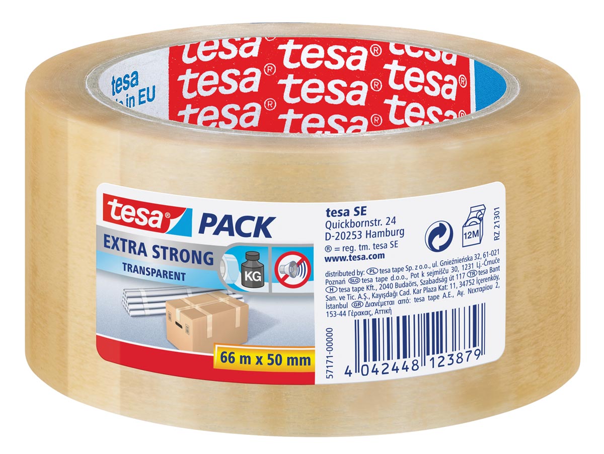 Tesa Tesapack 4124 Nastro Adesivo Per Imballaggi In PVC – Trasparente, 66m X 38mm, Silenzioso, Per Cartoni Pesanti