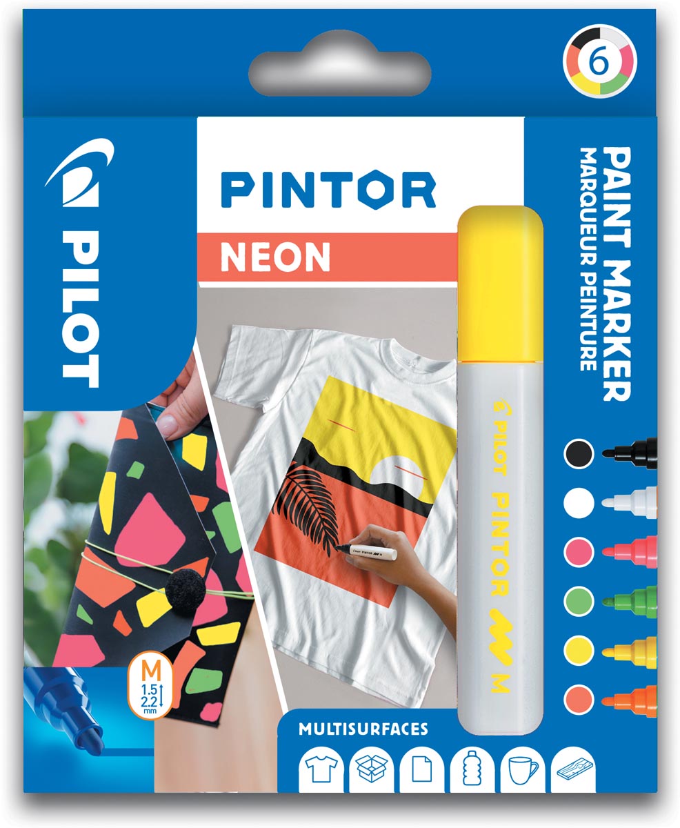 Pilot Pintor marker, medium punt, blister van 6 stuks in geassorteerde neonkleuren