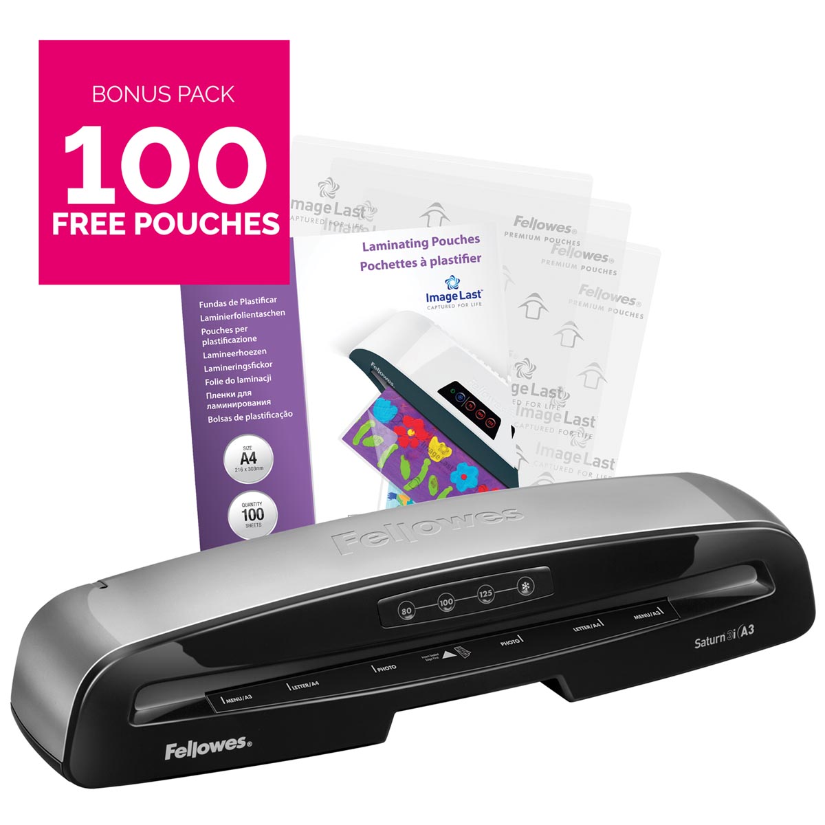 Fellowes lamineermachine Saturn voor ft A3 + Bonus Pack van 100 lamineerhoezen (A4, 80 micron) afbeelding