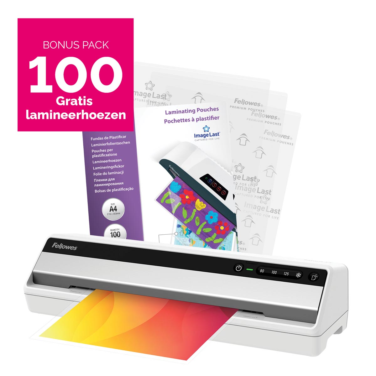 Fellowes lamineermachine Saturn voor ft A3 + Bonus Pack van 100 lamineerhoezen (A4, 80 micron)