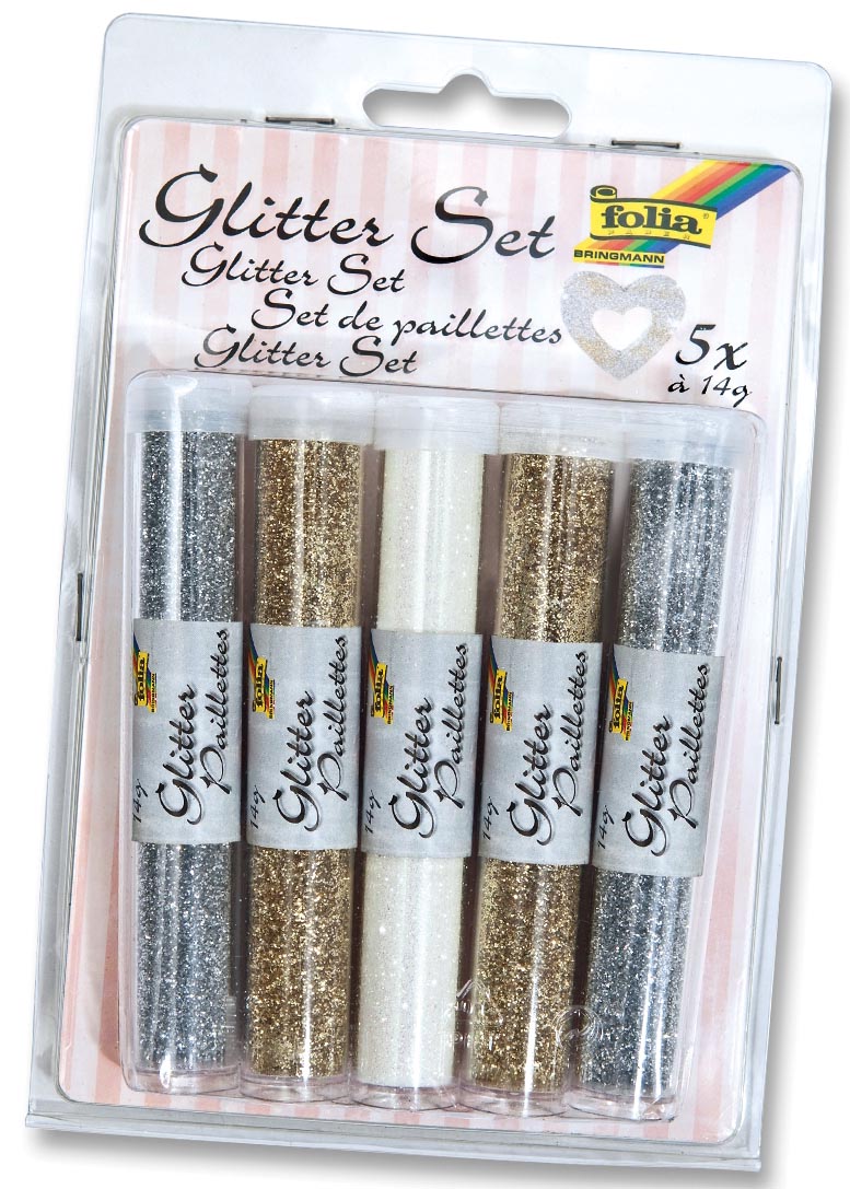 Folia glitterpoeder 2 x goud, 2 x zilver en 1 x regenboogkleurig wit