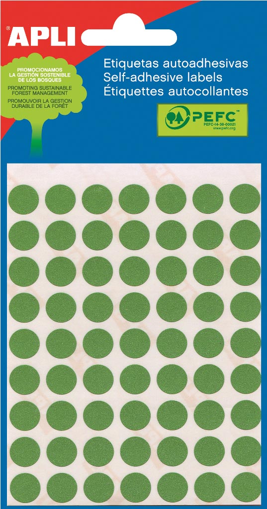 Apli ronde etiketten in etui diameter 10 mm, groen, 315 stuks, 63 per blad (2054)