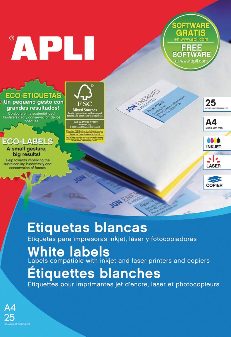 Apli afneembare witte etiketten ft 25,4 x 10 mm (b x h), 4.725 stuks, 189 per blad etui van 25 blad afbeelding