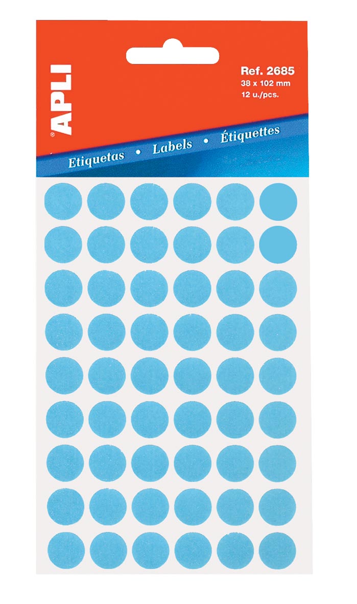 Apli ronde etiketten in etui diameter 13 mm, blauw, 175 stuks, 35 per blad (2056) afbeelding