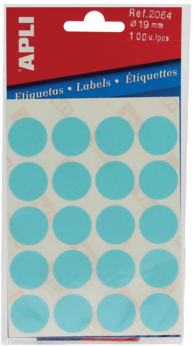 Apli ronde etiketten in etui diameter 19 mm, blauw, 100 stuks, 20 per blad (2064) afbeelding