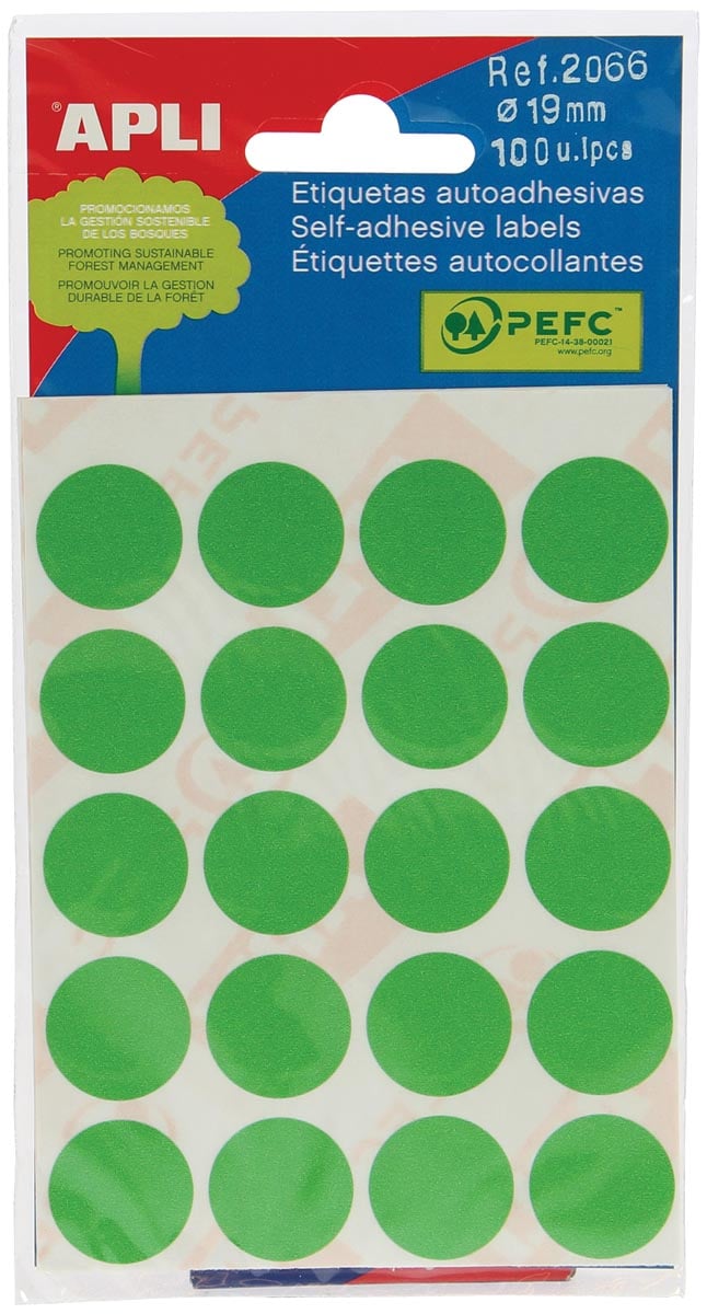 Apli ronde etiketten in etui diameter 19 mm, groen, 100 stuks, 20 per blad (2066) afbeelding