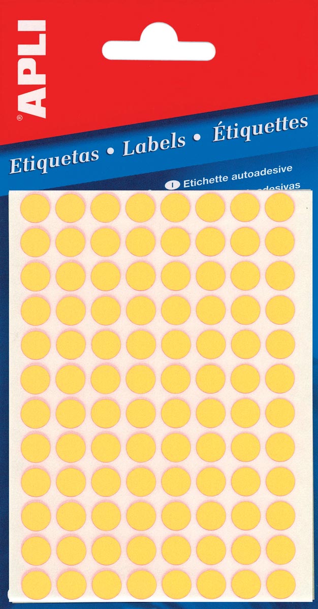 Apli ronde etiketten in etui diameter 8 mm, fluo geel, 288 stuks, 96 per blad (2079) afbeelding