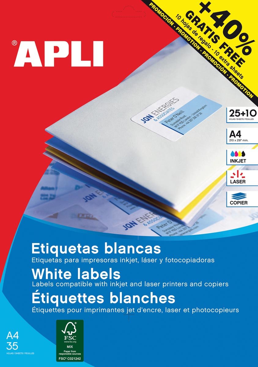 Apli etiketten ft 70 x 37 mm (b x h), rechte hoeken, 600 stuks, 24 per blad (1212) afbeelding