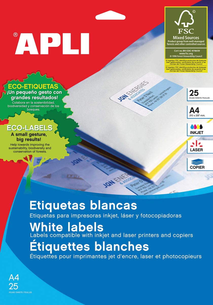 Apli etiketten ft 210 x 297 mm (b x h), rechte hoeken, 25 stuks, 1 per blad (1215) afbeelding