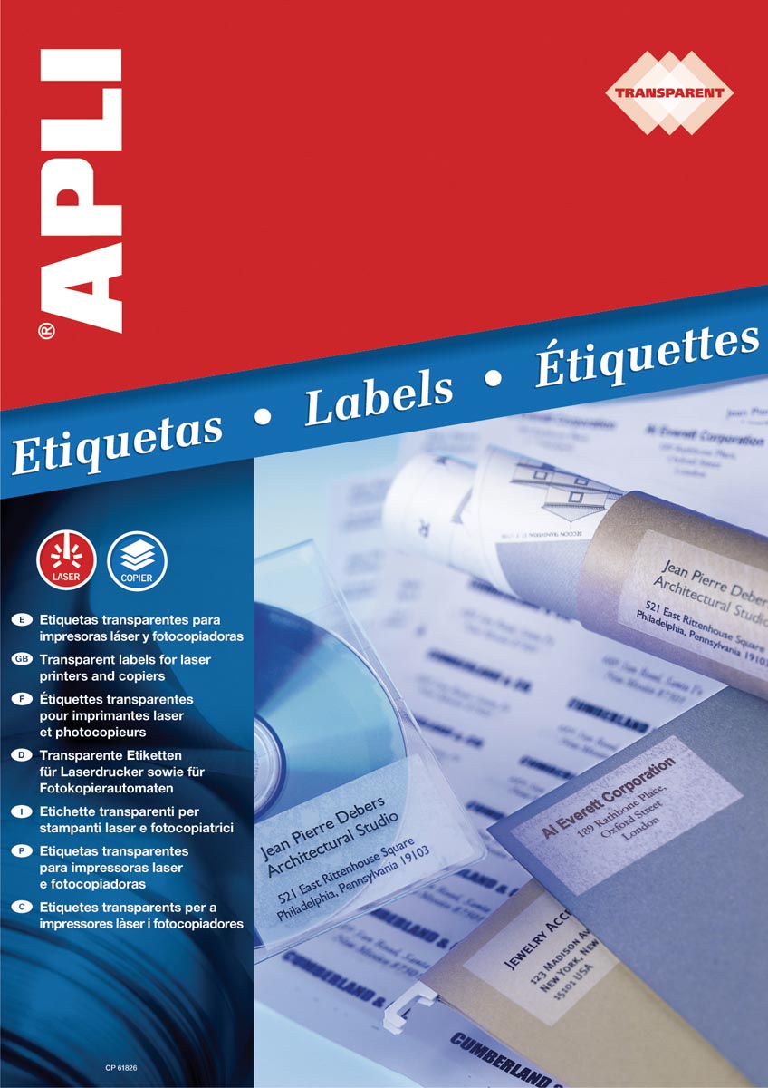 Apli Transparante etiketten ft 48,5 x 25,4 mm (b x h), 880 stuks, 44 per blad, doos van 20 blad afbeelding