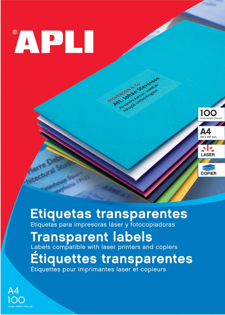 Apli Transparante etiketten ft 210 x 297 mm (b x h), 20 stuks, 1 per blad, doos van 20 blad afbeelding