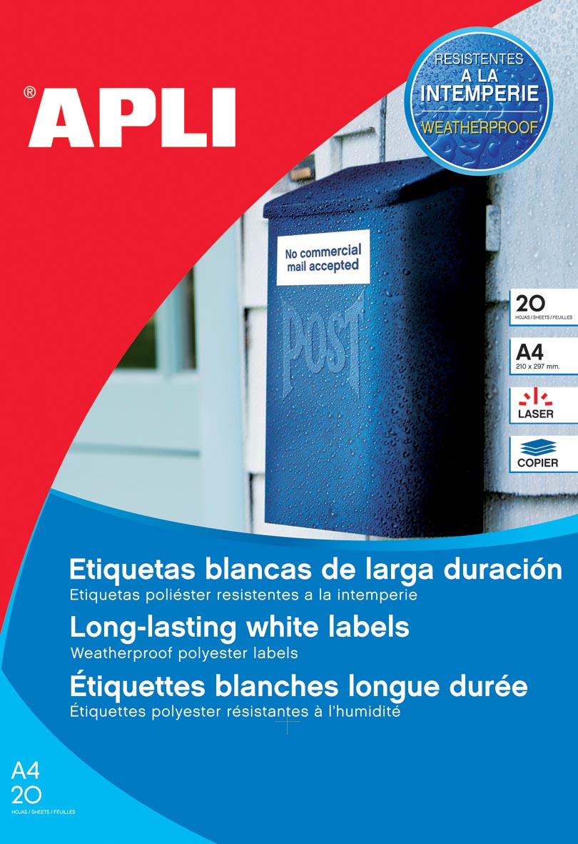 Apli weerbestendige etiketten ft 210 x 297 mm (b x h), 20 stuks, 1 per blad, doos van 20 blad afbeelding