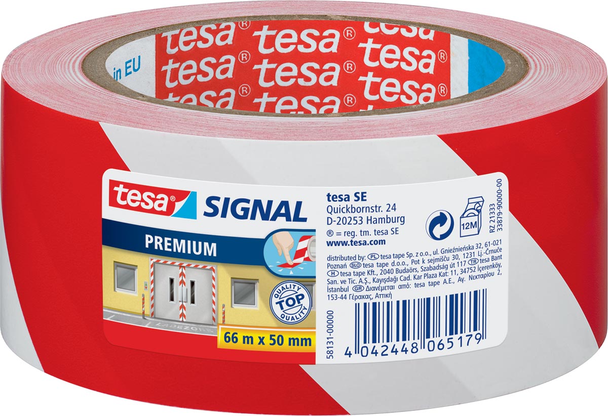 Tesa premium waarschuwingstape, ft 50 mm x 66 m, rood/wit