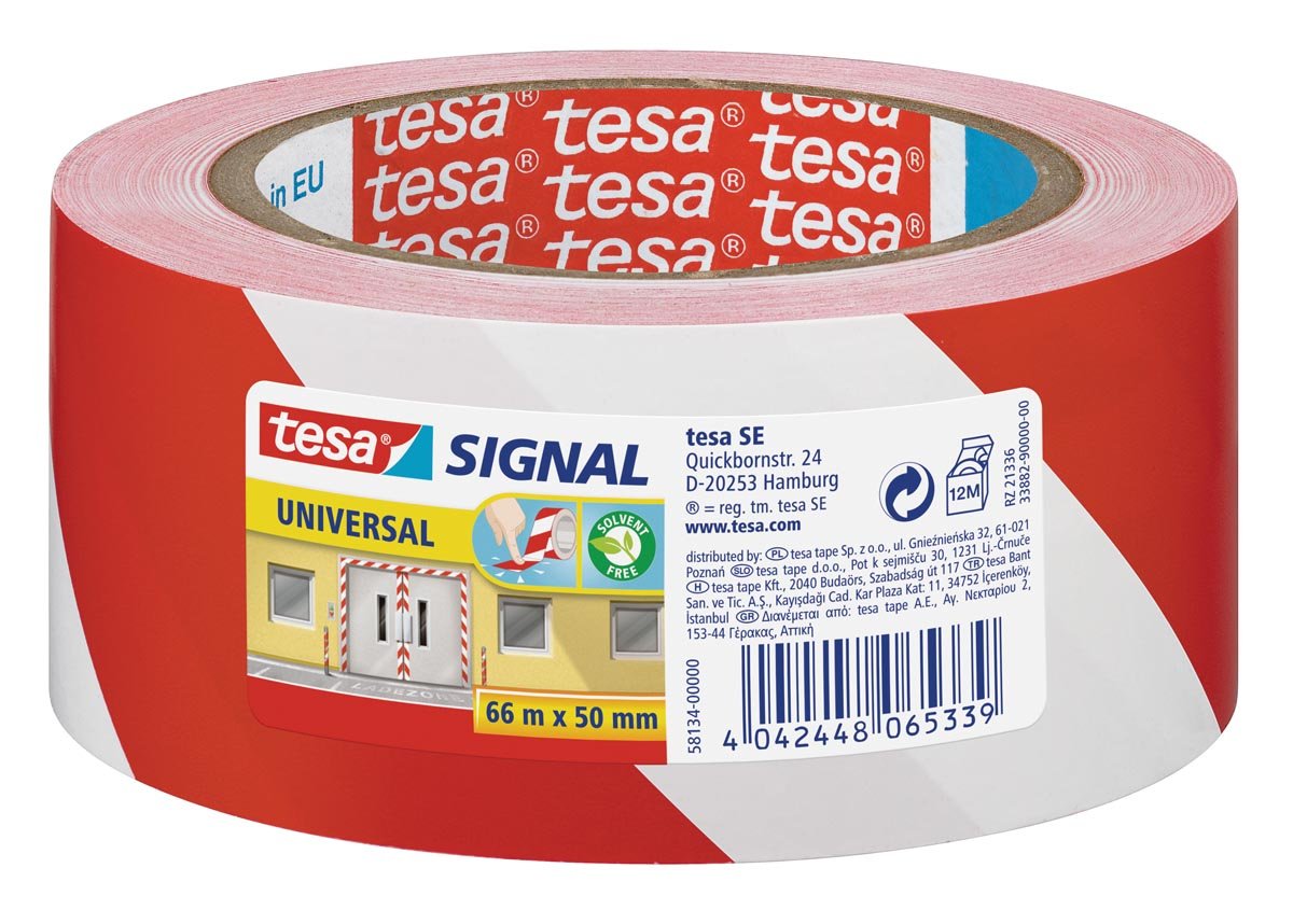 Tesa waarschuwingstape Universal, ft 50 mm x 66 m, rood/wit afbeelding