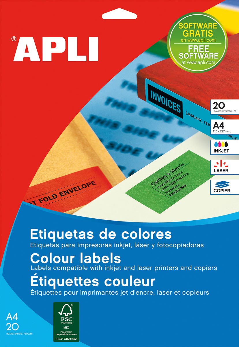 Apli gekleurde etiketten ft 70 x 37 mm (b x h), geel, 480 stuks, 24 per blad (1591) afbeelding