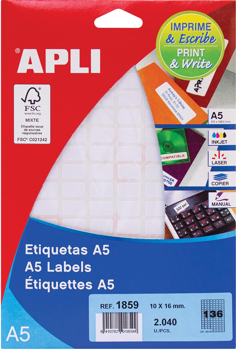 Apli witte etiketten Print & Write ft 10 x 16 mm (b x h), 2.040 stuks, 136 per blad (1859) afbeelding