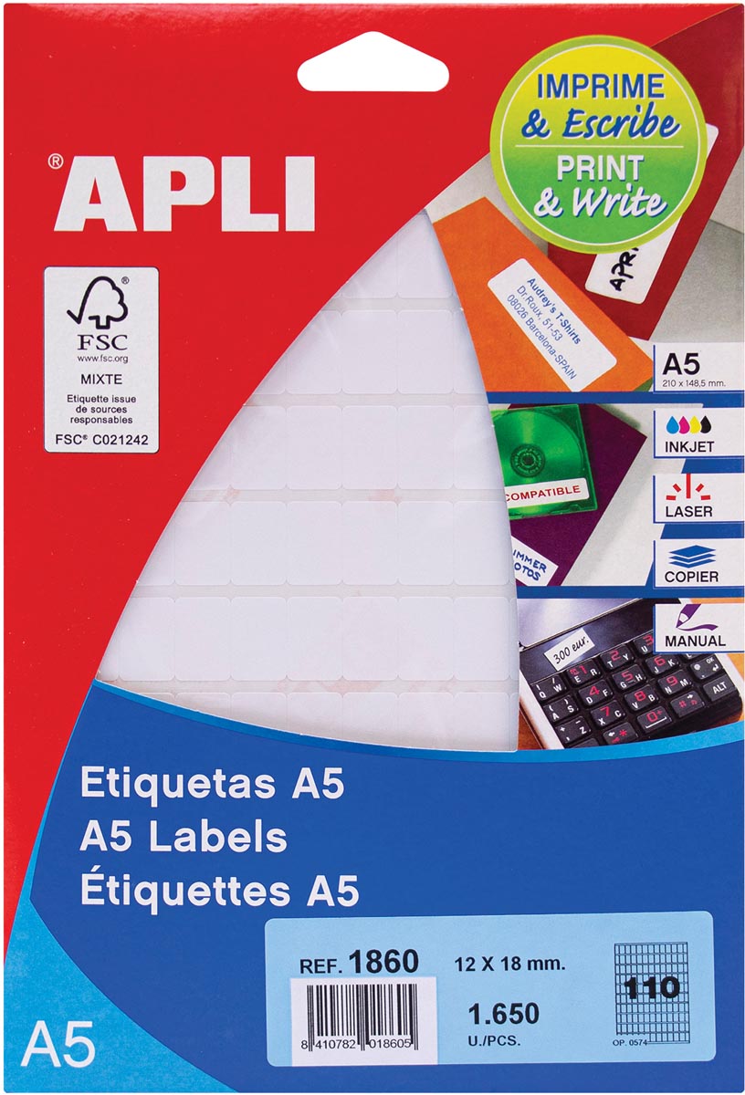 Apli witte etiketten Print & Write ft 12 x 18 mm (b x h), 1.650 stuks, 110 per blad (1860) afbeelding