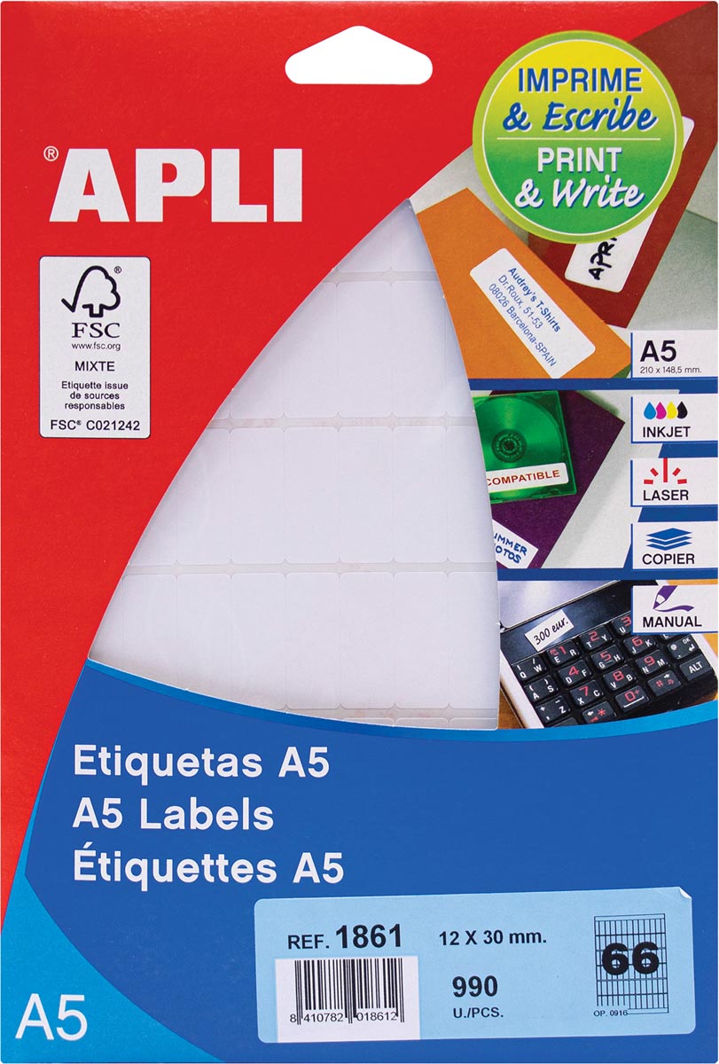Apli witte etiketten Print & Write ft 12 x 30 mm (b x h), 990 stuks, 66 per blad (1861) afbeelding