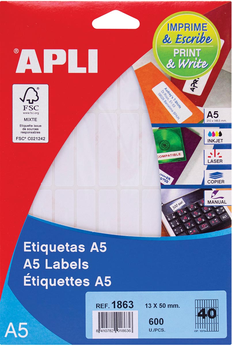 Apli witte etiketten Print & Write ft 13 x 50 mm (b x h), 600 stuks, 40 per blad (1863) afbeelding