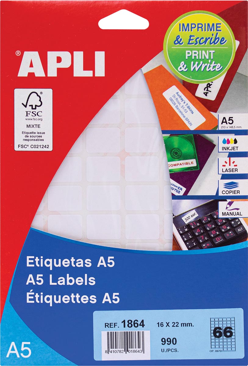Apli witte etiketten Print & Write ft 16 x 22 mm (b x h), 990 stuks, 66 per blad (1864) afbeelding