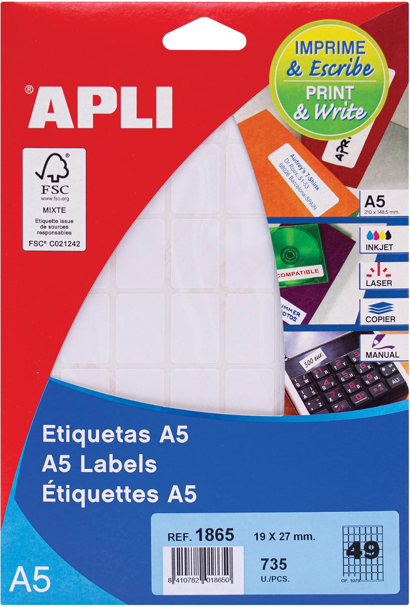 Apli witte etiketten Print & Write ft 19 x 27 mm (b x h), 735 stuks, 49 per blad (1865) afbeelding