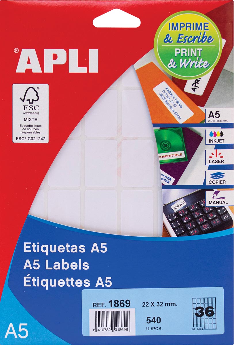 Apli witte etiketten Print & Write ft 22 x 32 mm (b x h), 540 stuks, 36 per blad (1869) afbeelding