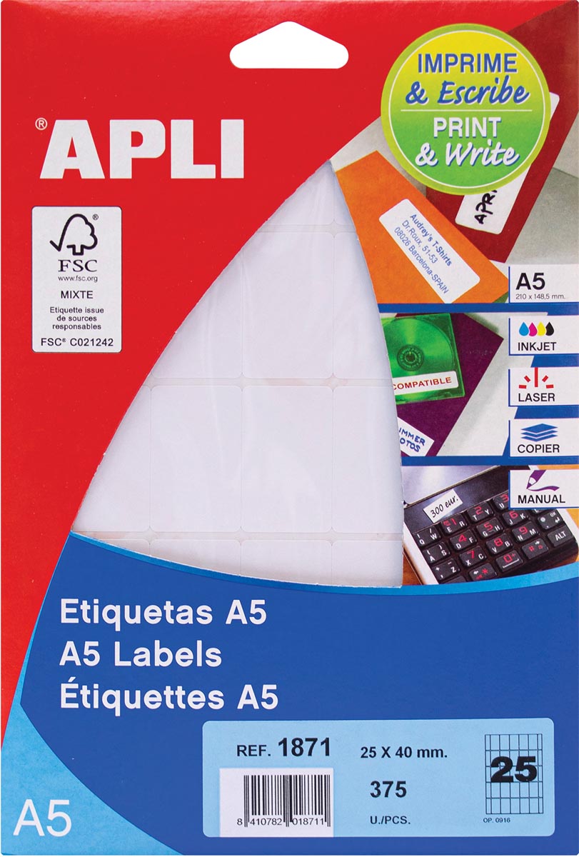 APLI Mini-Etiketten Abziehbar – 25 X 40 Mm, Weiß, 56 Stück, Für Ordner, Schubladen, Kisten