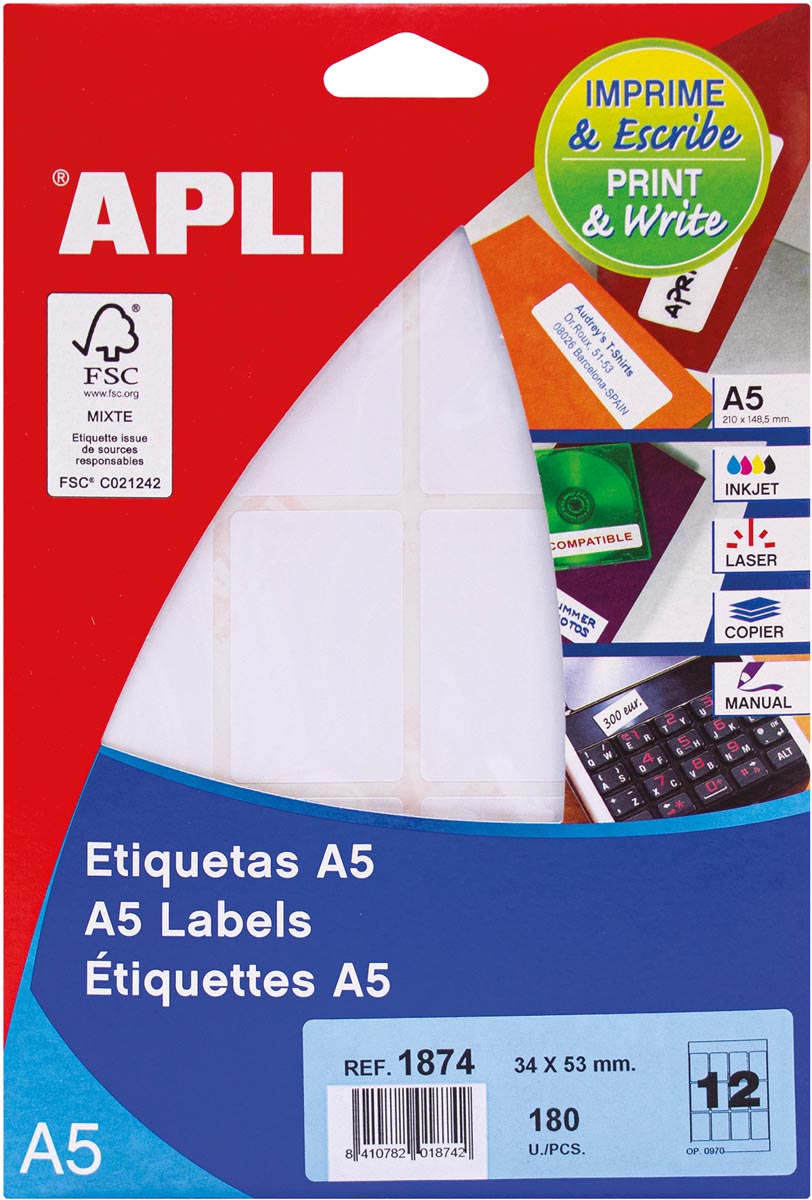 Apli witte etiketten Print & Write ft 34 x 53 mm (b x h), 180 stuks, 12 per blad (1874) afbeelding
