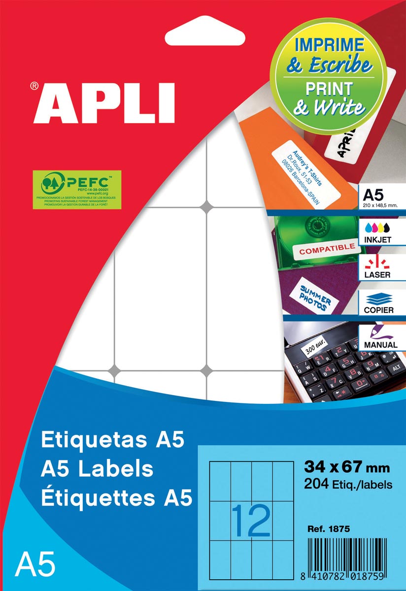 Apli Witte Etiketten Print Write Ft 34 X 67 Mm B X H 180 Stuks 12 Per Blad 1875 huismerk kopen in de aanbieding