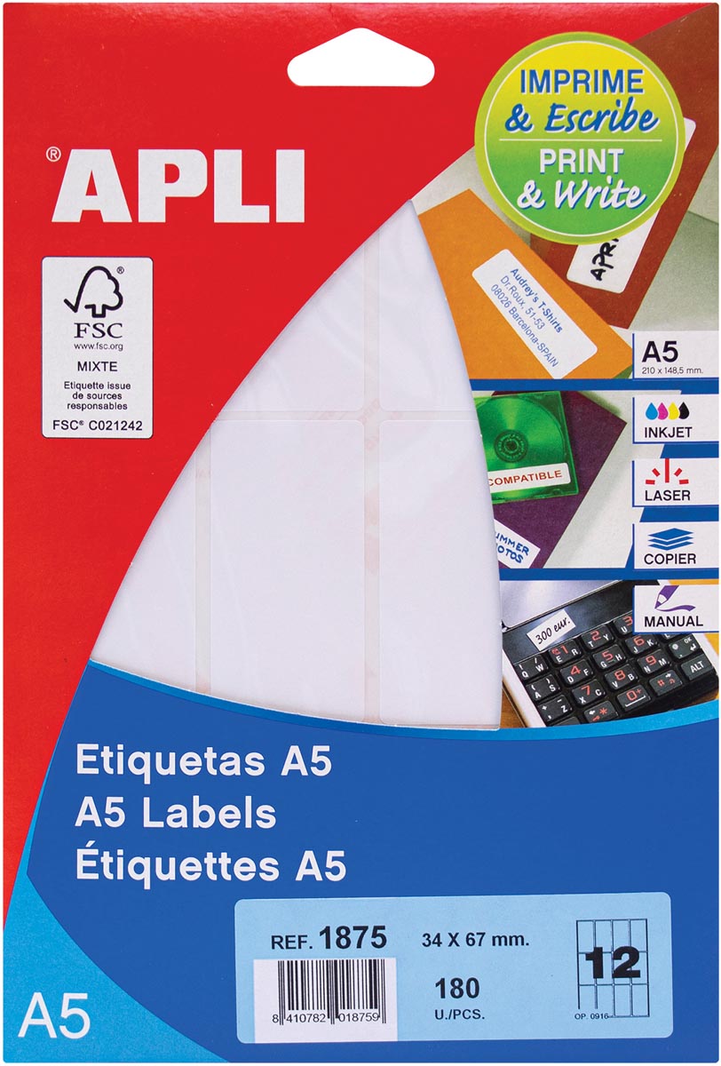 Apli witte etiketten Print & Write ft 34 x 67 mm (b x h), 180 stuks, 12 per blad (1875) afbeelding