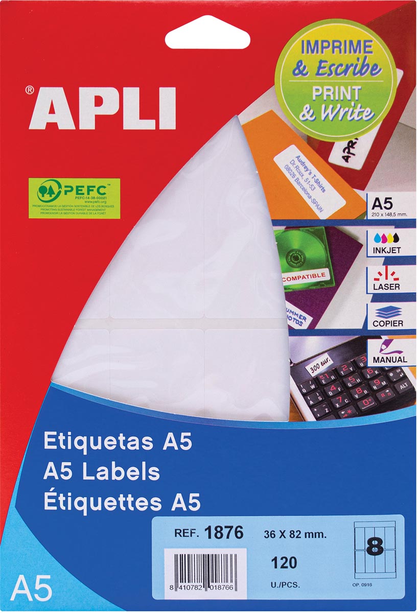 Apli witte etiketten Print & Write ft 36 x 82 mm (b x h), 120 stuks, 8 per blad (1876)