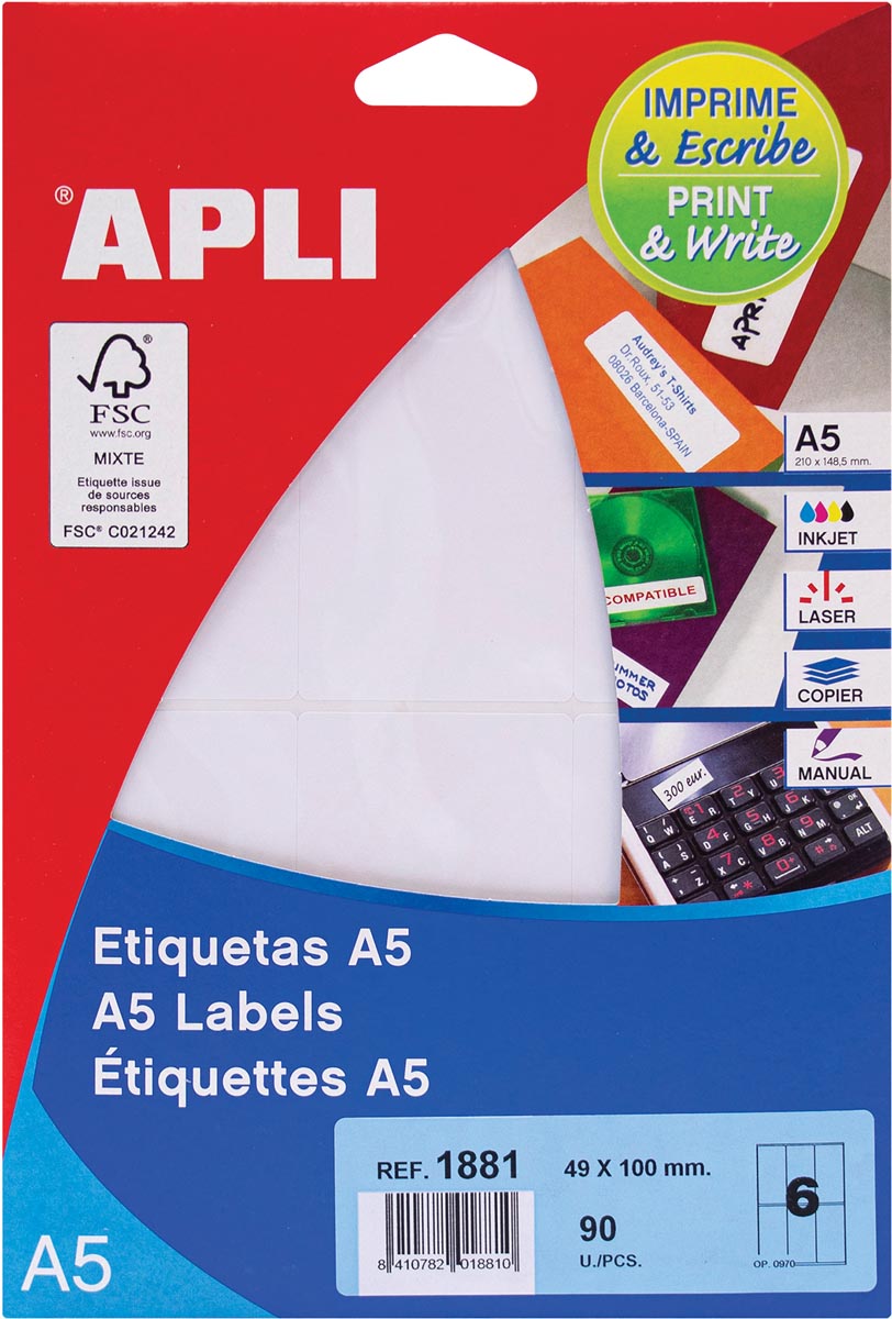 Apli witte etiketten Print & Write ft 49 x 100 mm (b x h), 90 stuks, 6 per blad (1881)