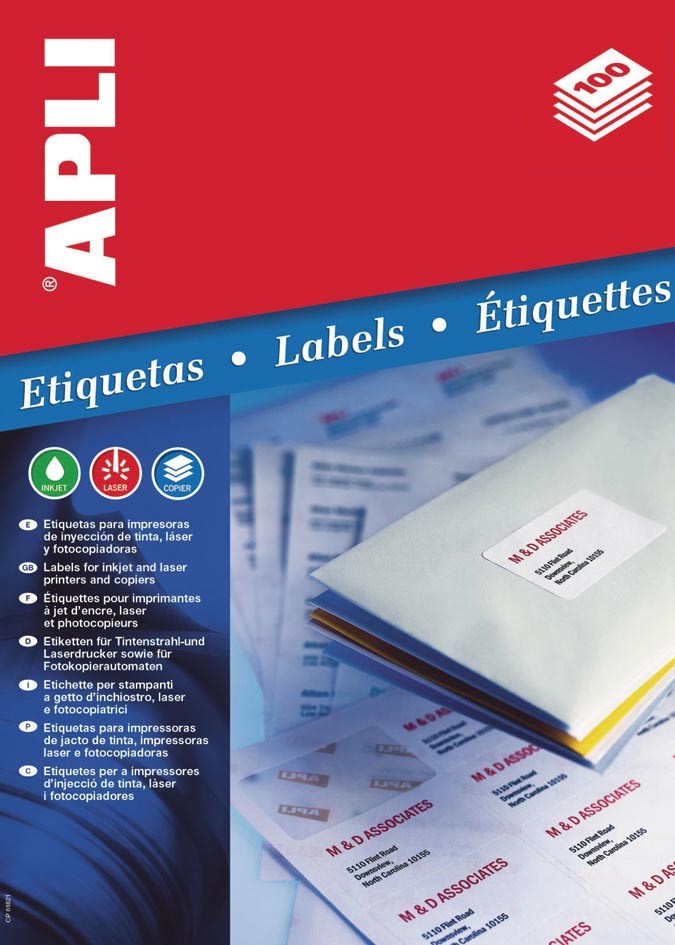 Apli etiketten ft 63,5 x 38,1 mm (b x h), ronde hoeken, 525 stuks, 21 per blad (1992) afbeelding