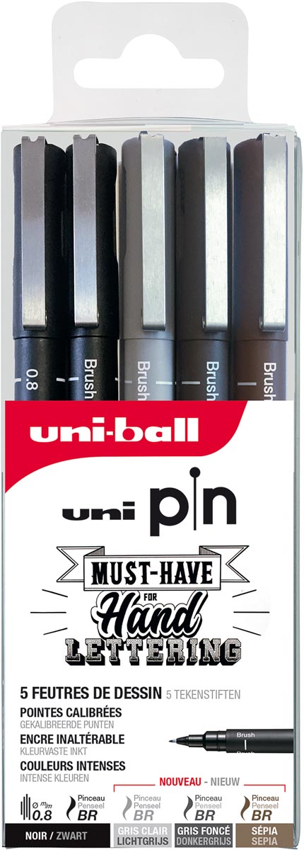 Uni Pin fineliner set handlettering, etui van 5 stuks, assorti Uni Pin fineliner set handlettering, etui van 5 stuks, assorti