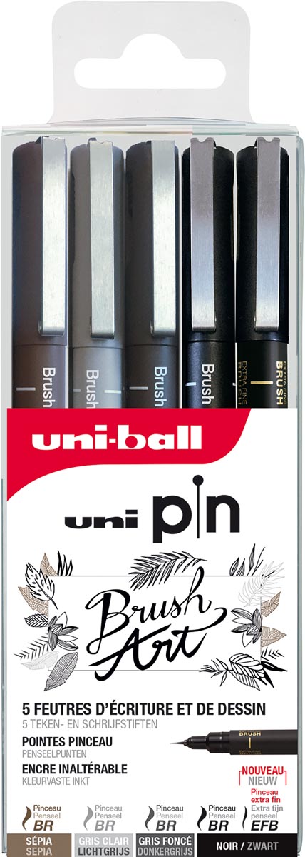 Uni Pin fineliner set Brush Art, geassorteerde kleuren, etui met 5 stuks in geassorteerde punten Uni Pin fineliner set Brush Art, geassorteerde kleuren, etui met 5 stuks in geassorteerde punten