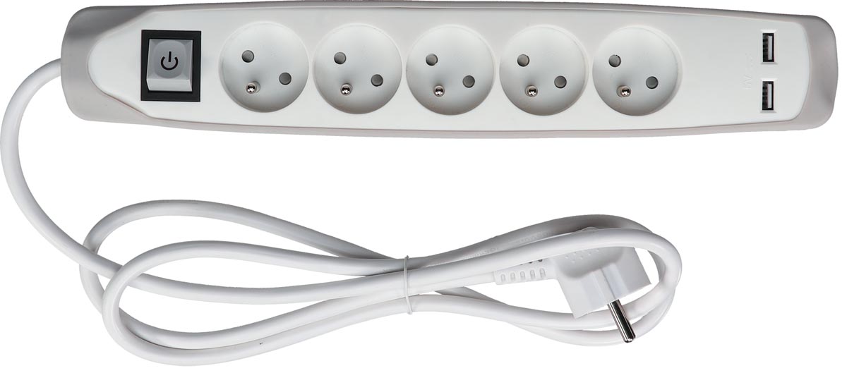 Perel contactdoos met 5 stopcontacten, 2 USB poorten en schakelaar, 1,5 m, wit en grijs Perel contactdoos met 5 stopcontacten, 2 USB poorten en schakelaar, 1,5 m, wit en grijs