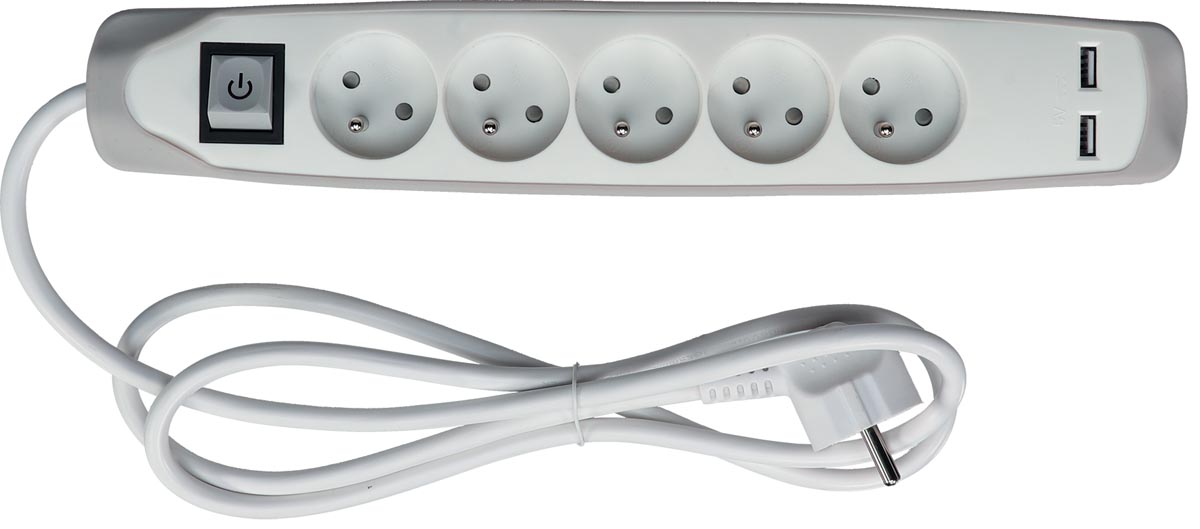 Perel contactdoos met 5 stopcontacten, 2 USB en schakelaar, 1,5 m, wit/grijs, voor NL afbeelding