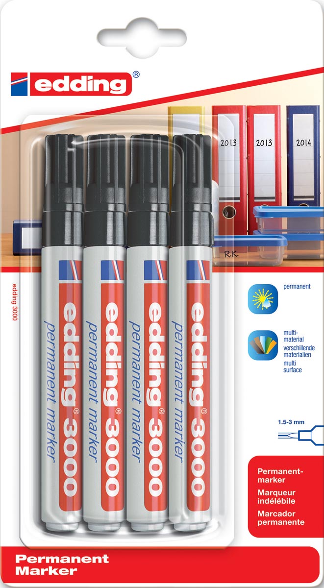 Edding permanent marker 3000 zwart, blister met 4 stuks afbeelding