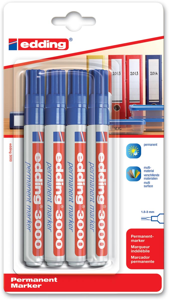 Edding permanent marker 3000, blauw, blister met 4 stuks afbeelding