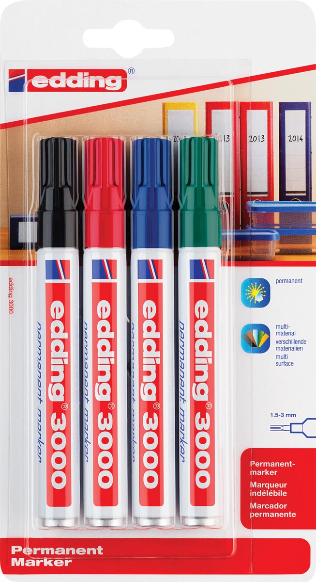 Edding permanent marker 3000, blister van 4 stuks in geassorteerde kleuren afbeelding
