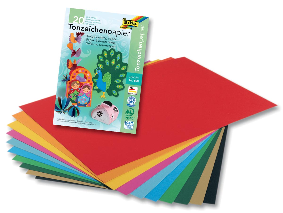 Folia gekleurd tekenpapier, 130 g, ft 21 x 29,7 cm, A4, geassorteerde kleuren, blok van 20 vel afbeelding