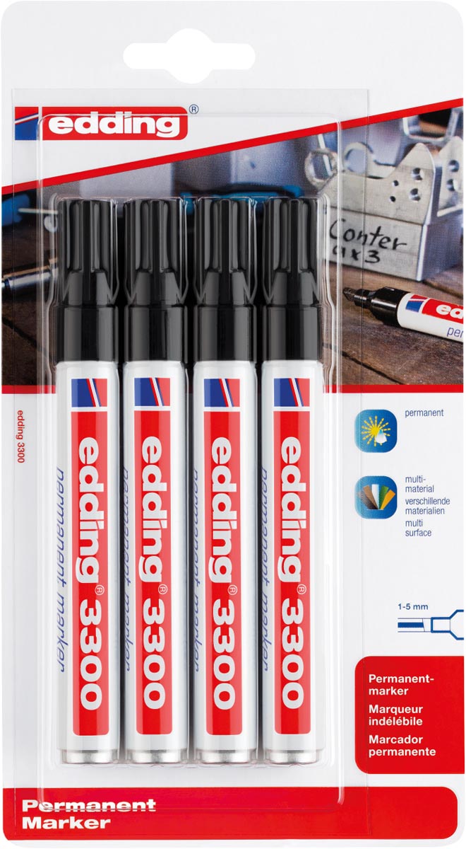 Edding permanent marker 3300 blister met 4 stuks, zwart afbeelding